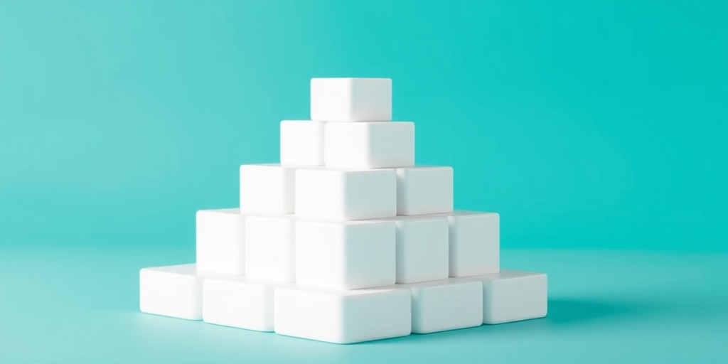 Generate an image of a stylized 3D triangular structure made of white blocks with a smooth surface, set against a teal background; camera settings: f/2.8 aperture, 1/60 shutter speed, ISO 100; camera view: close-up; camera style: soft-focus; camera type: DSLR.