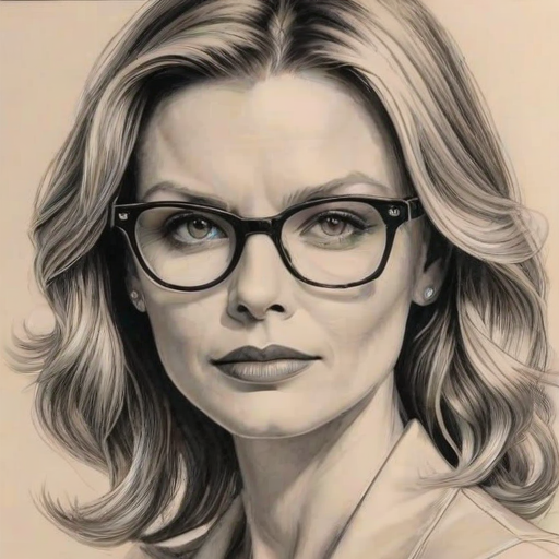 Ravishing Michelle Pfeiffer, pencil sketch, portrait of Exquisite woman 1947s in glasses, hair style beatnik, outline, clear lines, fine lines, 8k