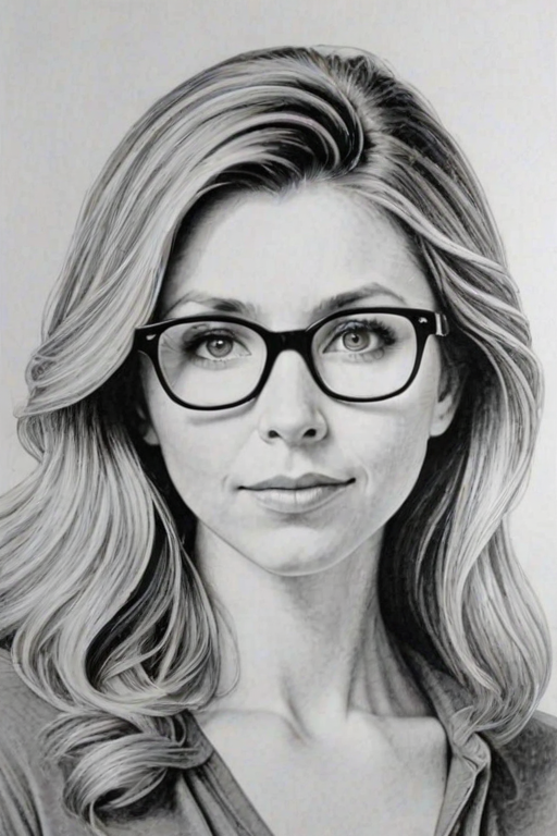 Sublime Sarah Chalke, pencil sketch, portrait of Appealing woman 1969s in glasses, hair style beatnik, outline, clear lines, fine lines, 8k