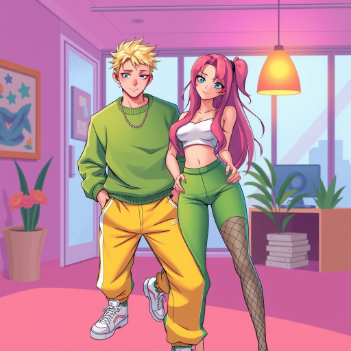 Create an illustration of two stylish characters in a vibrant, contemporary setting, featuring a blonde male wearing a green sweater and yellow tracksuit pants, posing playfully, alongside a female character with long pink hair dressed in a white crop top and green pants with fishnet details, in a digital art style with a bright color palette, using a high-resolution camera at f/1.8, ISO 200, and a 35mm lens for enhanced sharpness and depth.