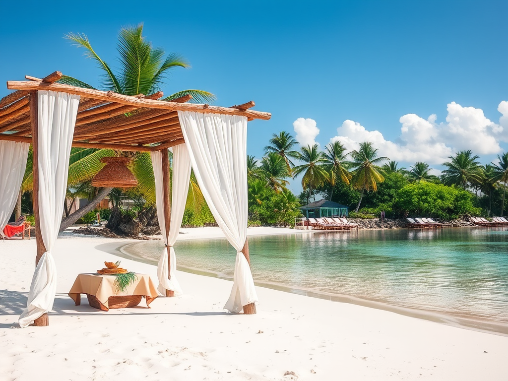 Create a picturesque tropical beach scene featuring a serene, white sandy shore. In the foreground, there's a rustic wooden canopy with white drapes gently flowing in the breeze. Underneath the canopy, a table is set with tropical decor, evoking a sense of relaxation and leisure. The beach extends into a calm, shallow water area with reflections of the sky and surroundings. Palm trees and lush greenery line the edge of the beach, providing a natural, tropical backdrop. The sky is clear with a few scattered clouds, and the overall atmosphere is tranquil and inviting, perfect for a peaceful retreat.