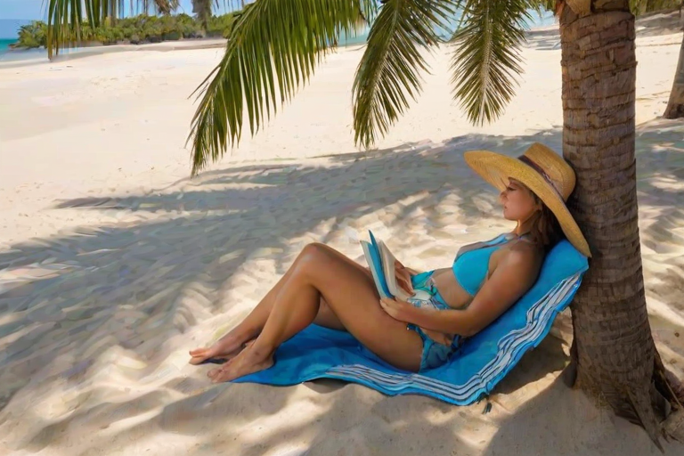 Secluded beach cove, crystal-clear water lapping at the shore, a woman in a straw hat lounging in the shade of a palm tree, a book open in her lap.