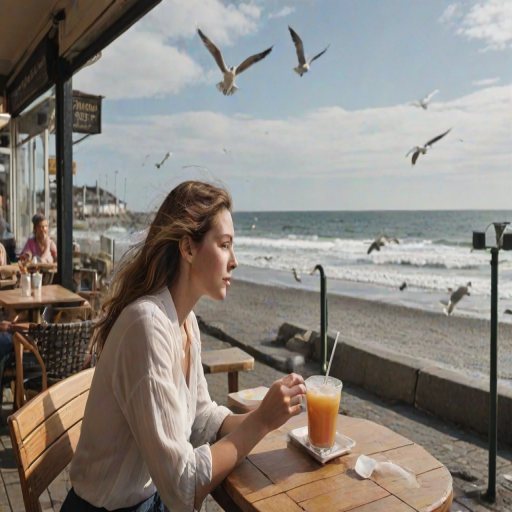 Woman sitting at a cafe in a coastal town, the distant sound of waves crashing, as she sips a cold drink and watches seagulls fly overhead.