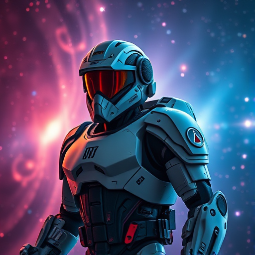 futuristic robotic soldier in space with vibrant cosmic background, captured with a Canon EOS R5, 24mm lens, f/2.8 aperture, ISO 100, shutter speed 1/200s, high dynamic range, cinematic angle, sharp focus on armor details, dramatic lighting