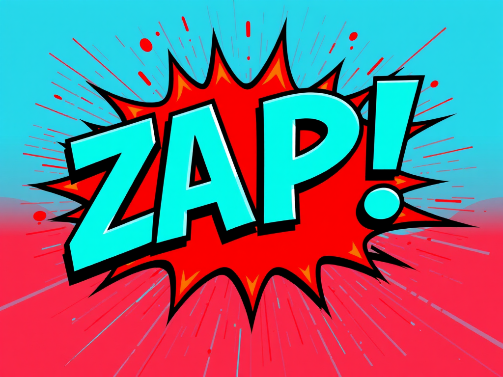Create a vibrant comic-style graphic featuring the word "ZAP!" in bold, turquoise letters with a dynamic red and blue explosion background, using a DSLR camera with a 50mm lens at f/2.8, 1/250 sec shutter speed, and ISO 100 for high detail and clarity.