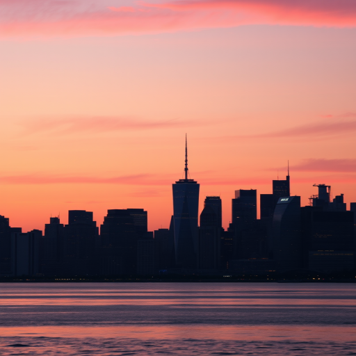 Sharp, high-resolution photo of a city skyline at dusk, the sky painted with soft pink and orange hues, distant skyscrapers illuminated by the setting sun, soft reflections on the water below, and a feeling of quiet transition.