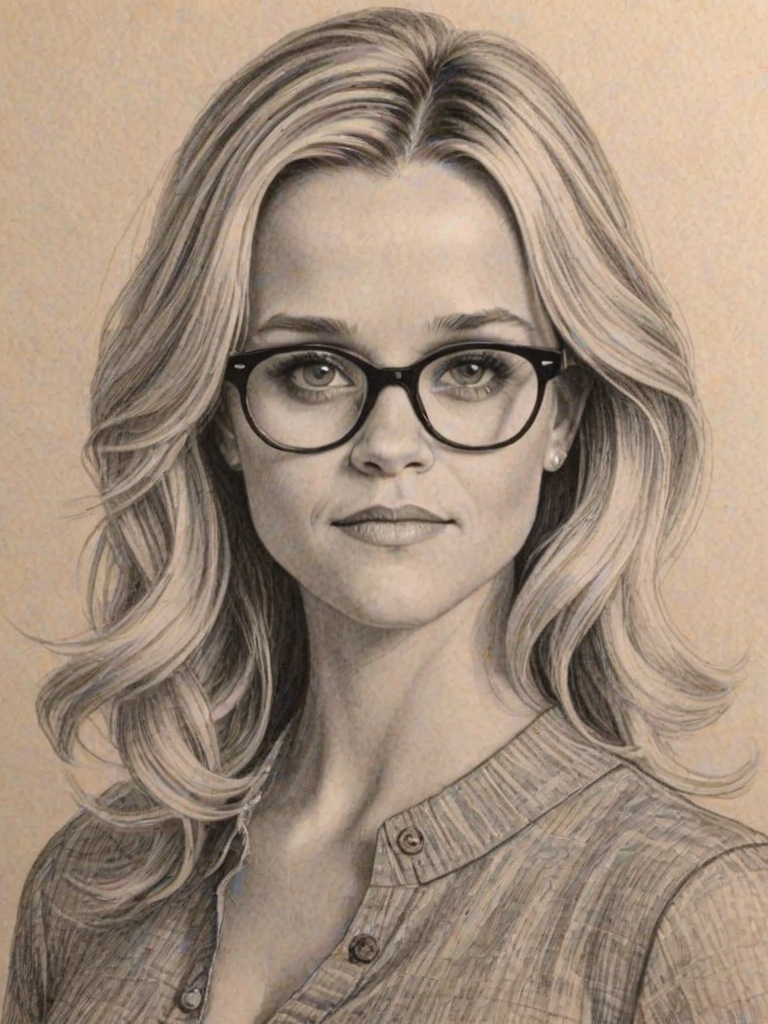 Enchanting Reese Witherspoon, pencil sketch, portrait of Bewitching woman 1968s in glasses, hair style beatnik, outline, clear lines, fine lines, 8k
