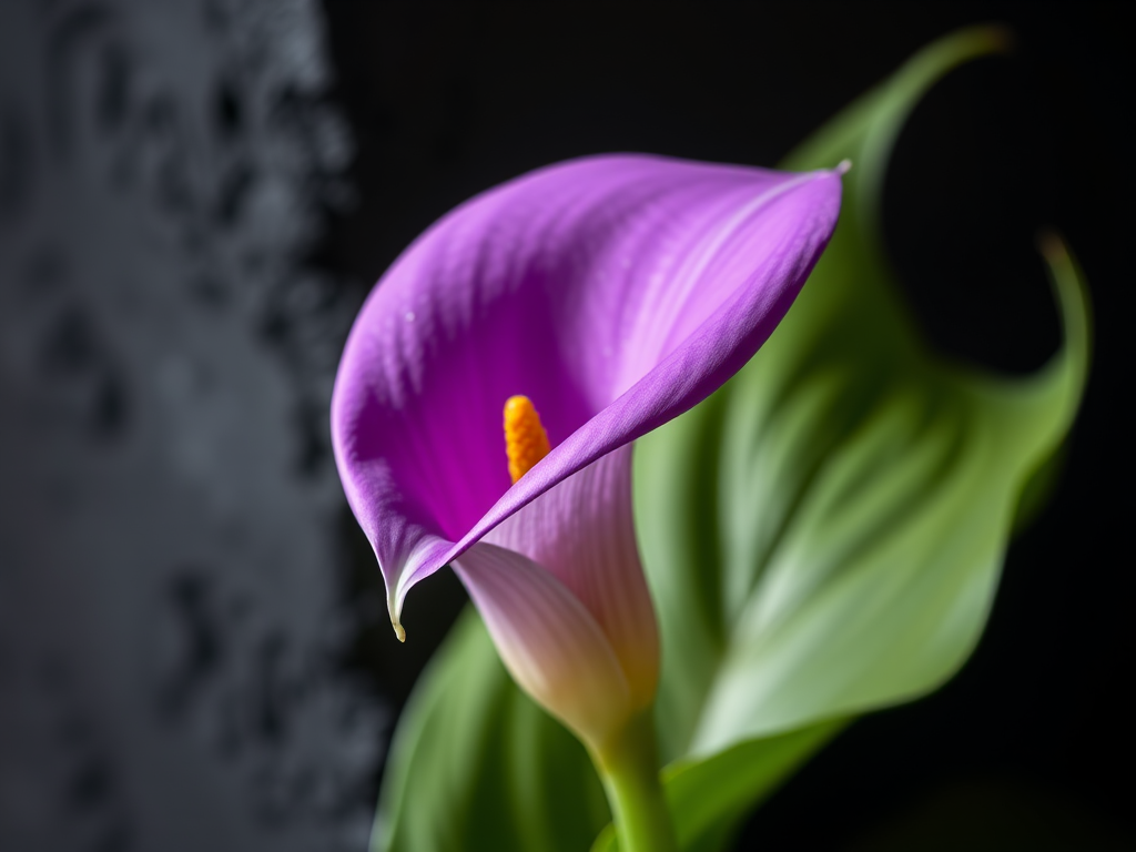 capture a close-up of a purple calla lily against a textured dark background with a shallow depth of field, using a DSLR camera, f/2.8 aperture, 50mm lens, ISO 100, and natural lighting to enhance color vibrancy and detail