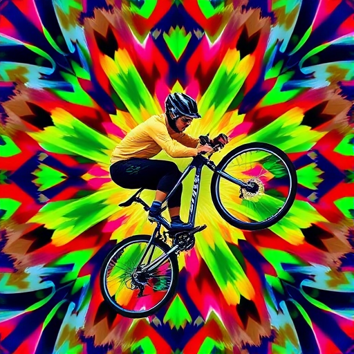 Create a vibrant, abstract image of a cyclist performing a stunt, using a kaleidoscope of colors and geometric patterns, captured with a DSLR camera at f/2.8, ISO 200, at a 50mm lens, in portrait orientation, with a focus on the cyclist in motion against a blurred background.
