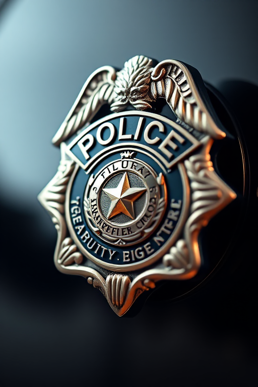 Generate a high-resolution image of a stylized police badge, using a DSLR camera with a 50mm lens, aperture set to f/2.8 for a shallow depth of field, ISO 100, and a soft focus background to enhance the badge's detail and shine.
