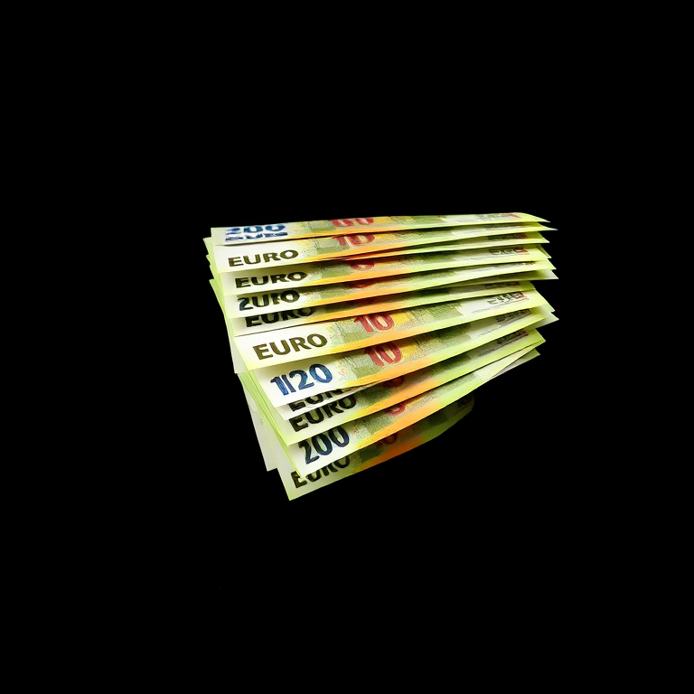 Capture a vertical stack of Euro banknotes cascading down against a black background, using a 50mm lens, f/2.8 aperture, ISO 100, and a shutter speed of 1/250s, with a focus on sharp detail and a slight motion blur to emphasize movement.