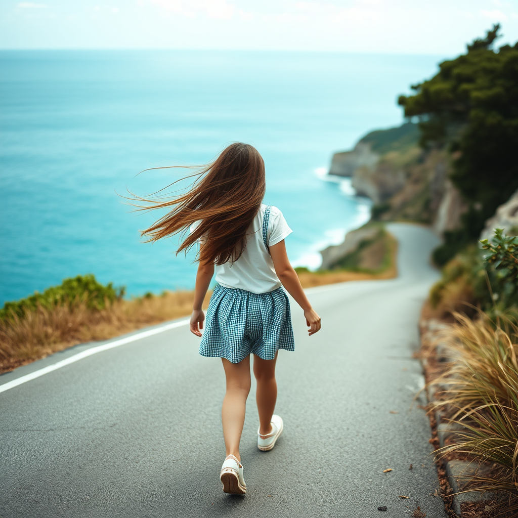 Wide-angle shot of a coastal road leading down to a calm blue ocean. A chubby high school girl with long hair, blown gently by the ocean breeze, walks along the road, looking to the viewers with. Enhanced contrast, and a soft focus on the horizon. Use a DSLR camera with a 24mm lens at f/5.6