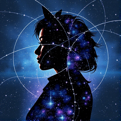 Captivating conceptual render alcohol ink art, double exposure, the paint strokes artfully merge combining a woman's full silhouette with a Adorable alpaca's silhouette. The figures are composed of a series of colored dots, lines & spots that evoke the image of a cosmic galaxy, colors are deep shades of blue purple & black with flashes of white & silver representing distant stars. The woman's silhouette is formed within the lion's silhouette from constellations of scattered stars, surreal