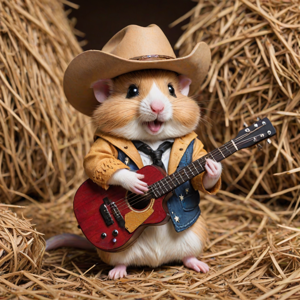 A chibi hamster, dressed as a cowboy, playing guitar, sitting on a hay bale