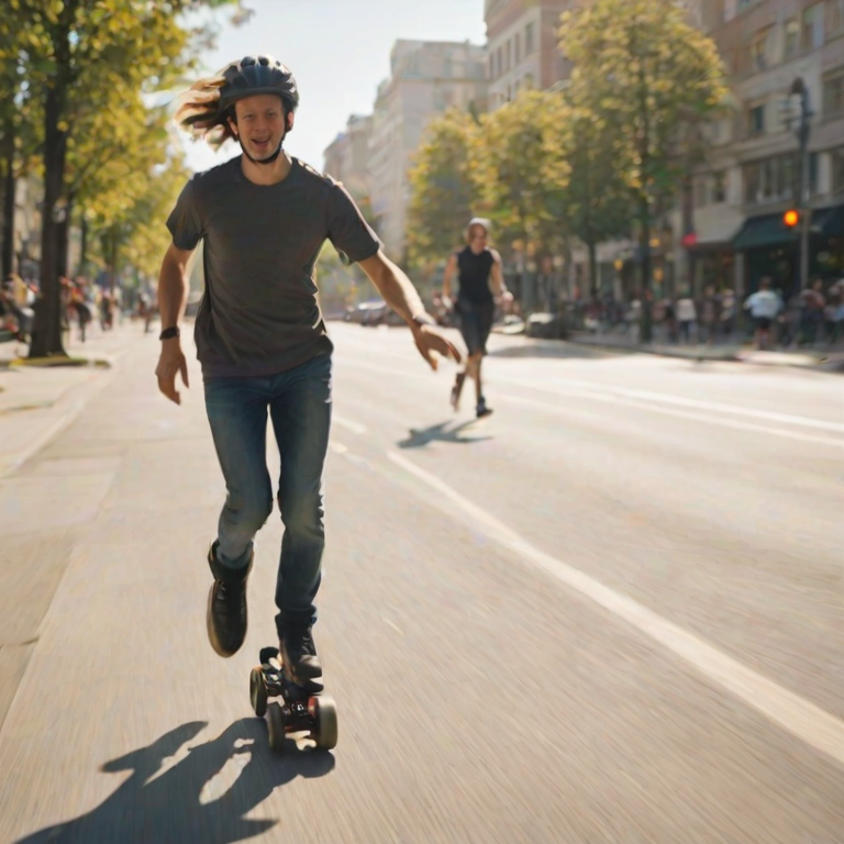 Blurry action shot of a rollerblader speeding down a city street, wind blowing through their hair, sunlight reflecting off the pavement, pedestrians watching from the sidewalk, the distant sound of music and soft chatter filling the air.