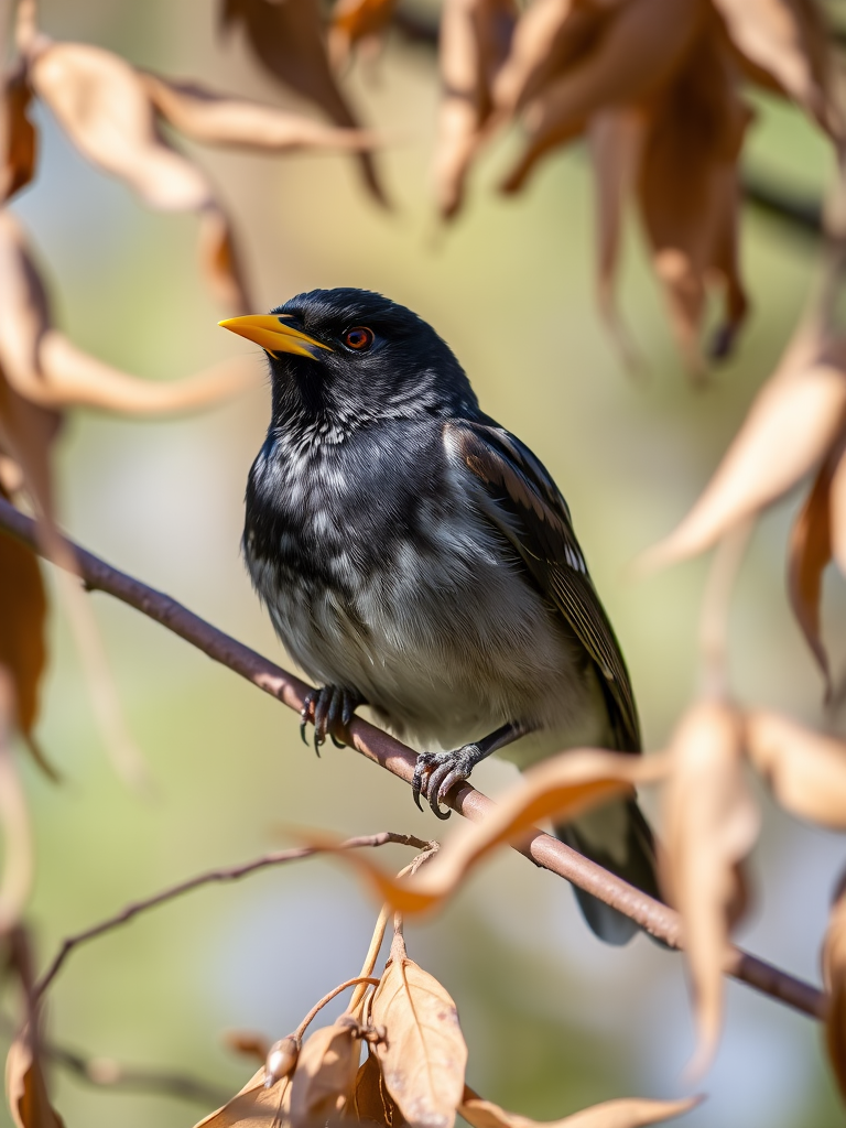 A close-up shot of a myna bird perched on a branch amidst dried leaves, with a shallow depth of field, natural light, ISO 200, f/4 aperture, 1/200 sec shutter speed, using a DSLR camera with a 100mm macro lens.