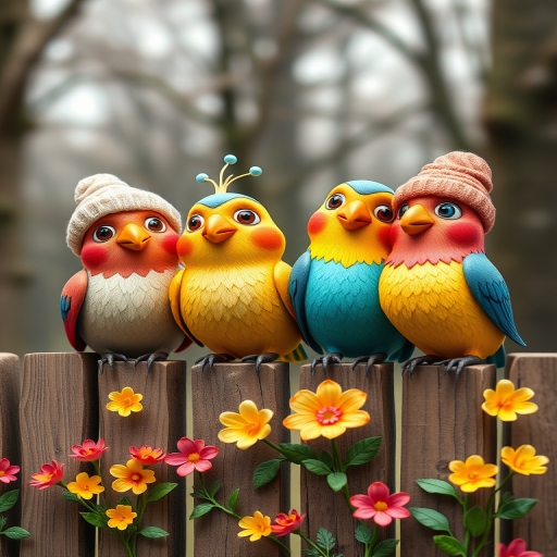 create a scene of 4 quirky  whimsical colourful comical birds each with a funny expression. they are sat on a wooden fence with colourful flowers. they are all different sizes. each one is a different colour  one is wearing a woolly hat. Each one has a different quirky google expression and there is a muted background of trees watercolour paintierly style high definition 8k resolution 3D paper mache