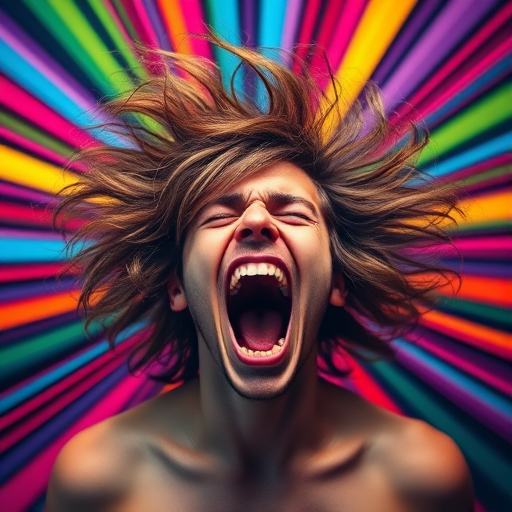 Create an artwork of a person with wild, frizzy hair screaming, surrounded by vibrant colored rays radiating from behind, using a Canon EOS R5 with an aperture of f/2.8, ISO 100, 24mm lens, in a high-contrast style.