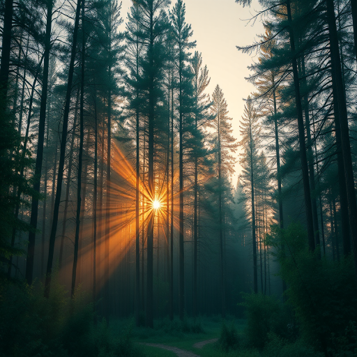 Generate a high-resolution digital illustration of a tranquil forest scene during sunrise with soft light filtering through the trees, using a Canon EOS R5 camera at f/2.8 aperture, ISO 100, 24mm focal length, shot in RAW format to enhance image quality.