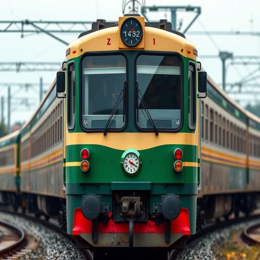 Create a detailed and vibrant digital illustration of a front view of a green and beige electric train, focusing on the locomotive's details, using a 50mm lens at f/8 for sharpness, ISO 100 for clarity, and a slight overcast lighting to enhance color saturation.