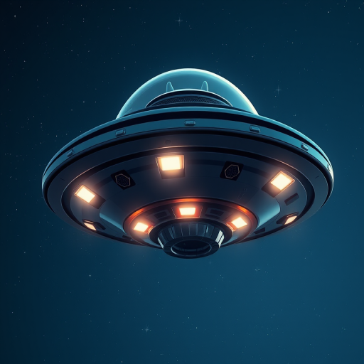 Create a detailed illustration of a UFO with a sleek, modern design, featuring a clear dome and glowing lights, in a night sky background, using a DSLR camera, 50mm lens, f/2.8 aperture, ISO 200, and natural light to enhance sharpness and vibrant colors.