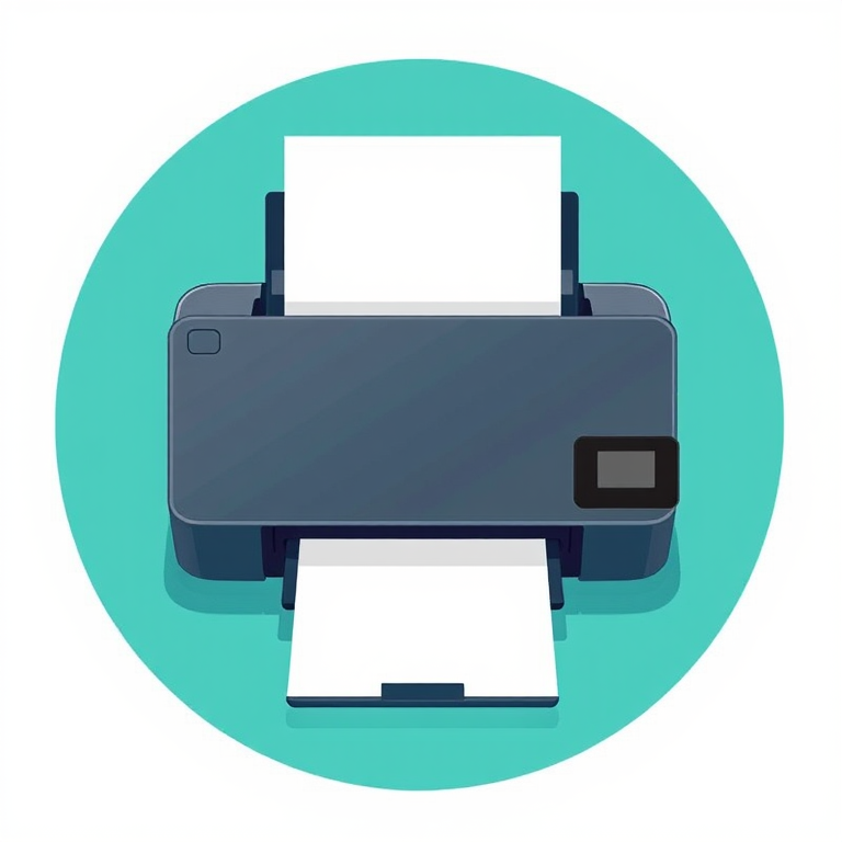 Create a high-quality illustration of a printer with a paper being ejected, using a Canon EOS 5D Mark IV camera, f/8 aperture, ISO 100, 35mm lens, top-down view, flat lay style, with a clean circular turquoise background.