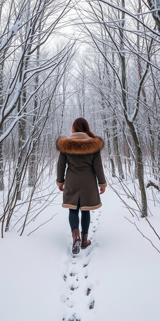 Winter forest blanketed in snow, bare branches heavy with ice, a woman in a fur-lined coat walks through the silent landscape, leaving fresh footprints behind.