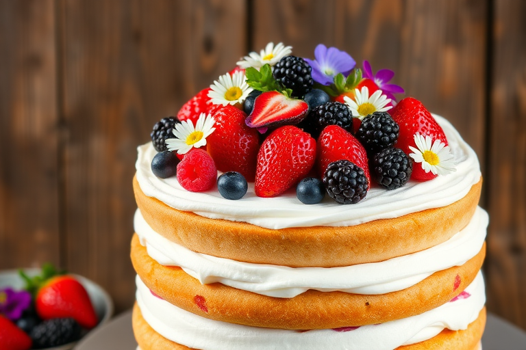 Create an image of a layered cake with three tiers featuring a light sponge texture adorned with whipped cream and an assortment of fresh strawberries, raspberries, blackberries, and edible flowers on top, set against a rustic wooden background.