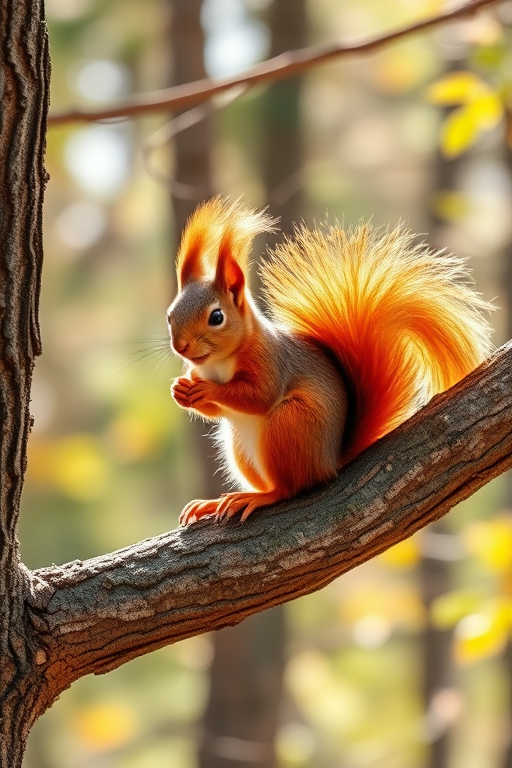 Generate an image of a squirrel sitting on a tree branch with a bushy, vibrant orange tail, softly illuminated by sunlight in a natural woodland setting.