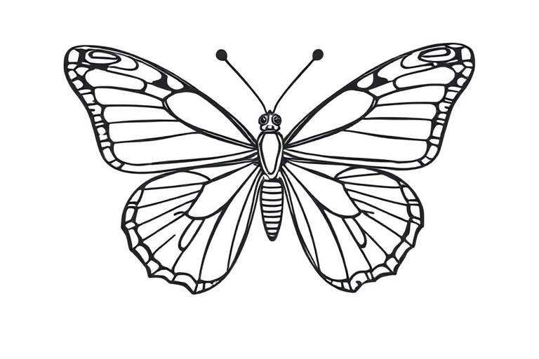 Create a vibrant and detailed line art of a butterfly with intricate patterns, using a Canon EOS R5 camera, 50mm lens, f/1.8 aperture, ISO 100, natural light, top-down view, minimalist style to enhance image quality.