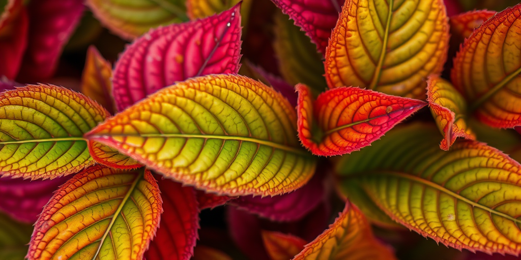 regenerate an image of colorful leaves with vibrant greens and reds, close-up view, captured with a macro lens at f/2.8, 1/200 sec shutter speed, ISO 100, natural light for enhanced texture and detail.
