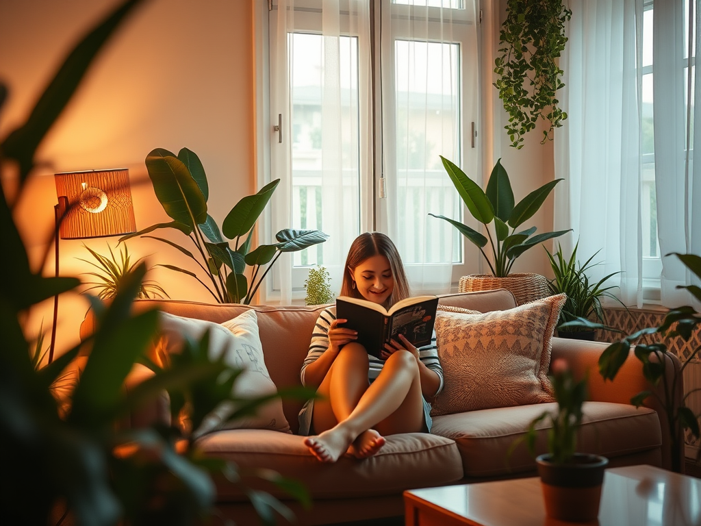 Create a cozy interior scene featuring a woman reading on a couch surrounded by plants, soft ambient light, 50mm lens, f/2.8 aperture, ISO 200, warm color palette, digital art style, studio quality.