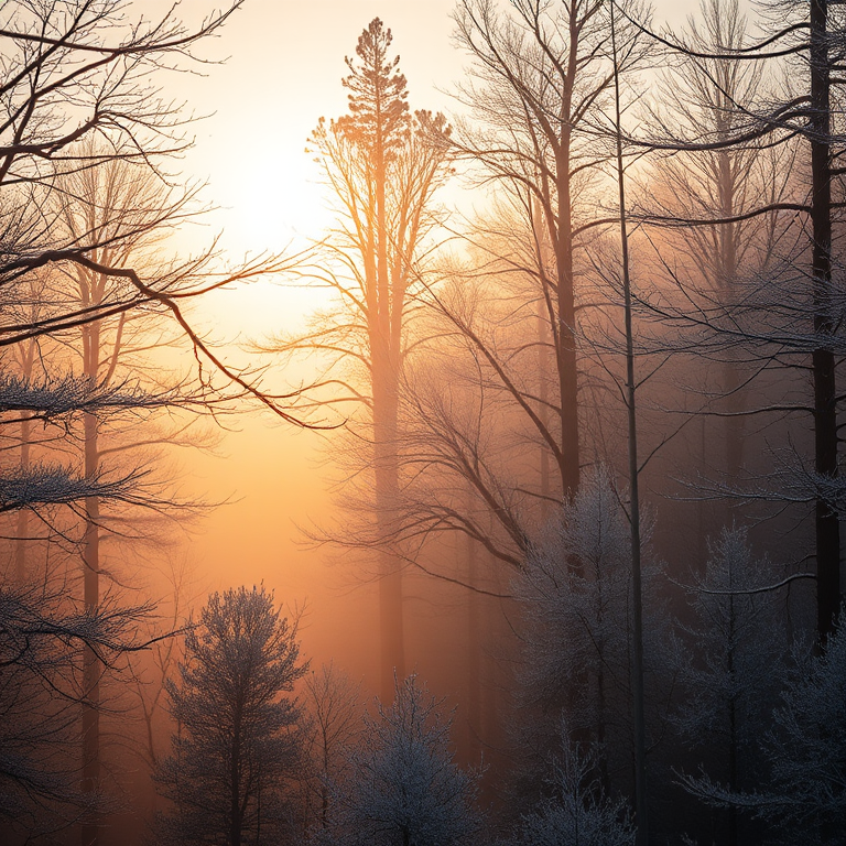Capture a misty winter forest scene during the golden hour with soft sunlight filtering through fog, using a DSLR camera with a 35mm lens, aperture set to f/4, ISO 200, and a shutter speed of 1/250 second, shot from an elevated perspective to reveal layers of frost-covered trees.