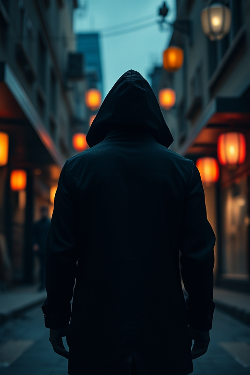 create an image of a figure in a sleek black hooded coat standing in a dimly lit urban street with glowing lanterns, shot with a Canon EOS R5, 50mm lens at f/1.8, ISO 200, using a low angle perspective and a cinematic style.