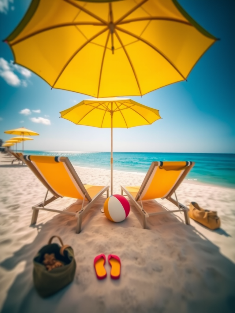 create a beach scene with two lounge chairs under yellow umbrellas, a beach ball, flip-flops, and a bag, viewed from above, with vibrant colors and sharp focus, using a DSLR camera with a wide-angle lens, aperture set to f/8, ISO 100, and natural daylight for enhanced image quality
