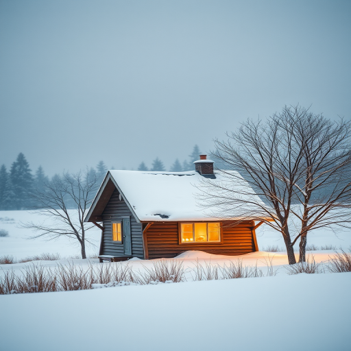 Create a serene winter landscape with a small cozy cottage featuring a snow-covered roof and warm glowing windows, surrounded by a snowy field and a leafless tree, soft falling snowflakes, and a forest of evergreens in the background, captured with a Canon EOS R, 50mm lens, f/2.8 aperture, ISO 100, and a soft focus for a dreamy effect.