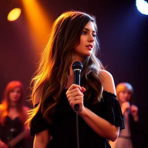 A young woman with long, flowing brown hair is standing in the center of the frame, holding a microphone in her right hand, and looking slightly off to the right side of the frame. She is wearing a black, off-the-shoulder dress with delicate lace detailing. The lighting is warm and dramatic, creating a spotlight effect on the singer. There are other figures in the background, blurred and out of focus, suggesting a concert or performance setting. The camera angle is low, capturing the woman from the waist up. The overall atmosphere is intimate and captivating.