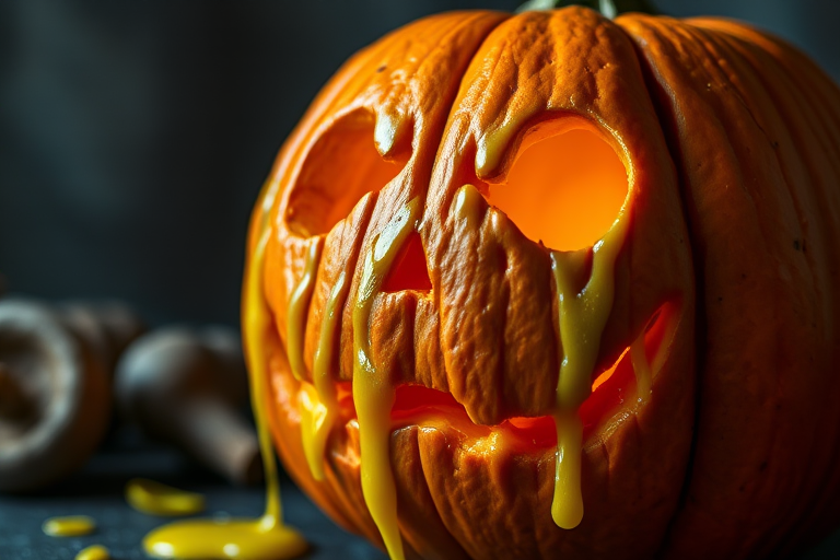Create a high-resolution image of a spooky pumpkin with a face, featuring dripping yellow goo, using a DSLR camera with a f/2.8 aperture, ISO 400, 50mm lens, soft lighting, and a close-up view to enhance the details and colors.