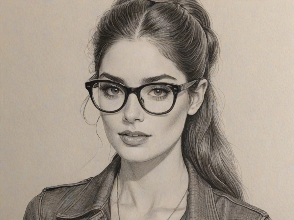 Fascinating Janet Montgomery, pencil sketch, portrait of Enticing woman 1969s in glasses, hair style beatnik, outline, clear lines, fine lines, 8k