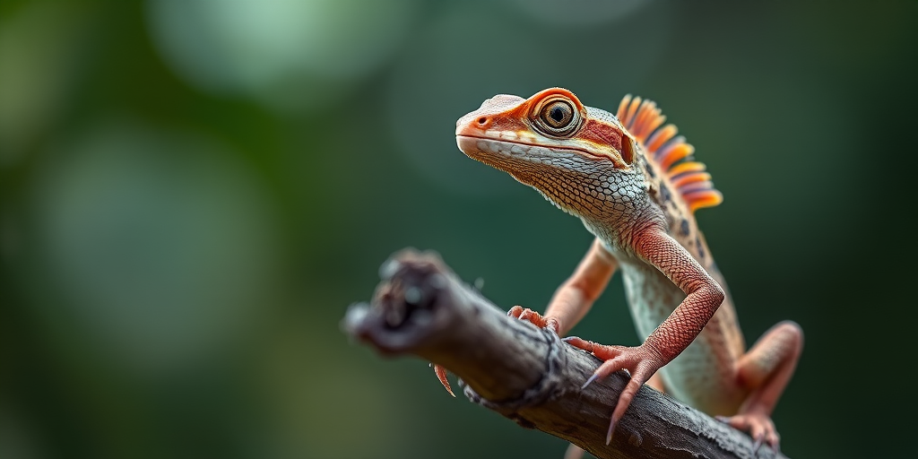Capture a close-up of a lizard perched on a branch with a shallow depth of field, using a DSLR camera with a 50mm lens at f/2.8, ISO 200, and a shutter speed of 1/250s, in natural light to highlight texture and details while blurring the background for emphasis.