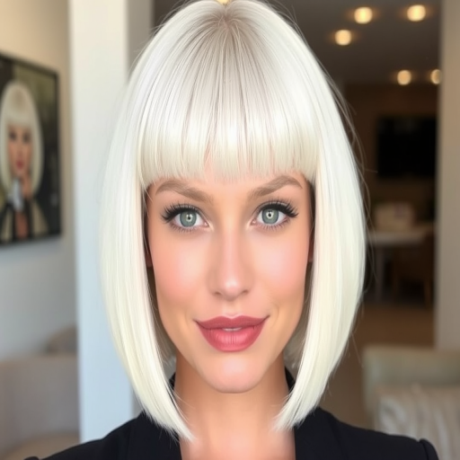 Stunning platinum blonde sporting a sleek, chin-length bob with blunt bangs, radiating modern chic and effortless confidence