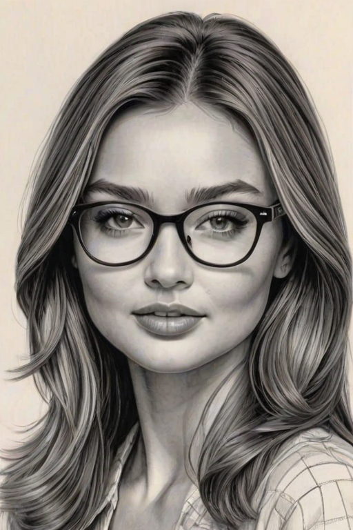 Resplendent Miranda Kerr, pencil sketch, portrait of Delightful woman 1973s in glasses, hair style beatnik, outline, clear lines, fine lines, 8k