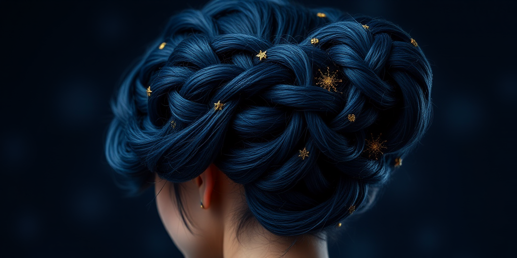 Regal indigo-hued updo with intricate braided patterns and golden thread accents, inspired by starry night skies called "Celestial Empress" exuding mystery and allure