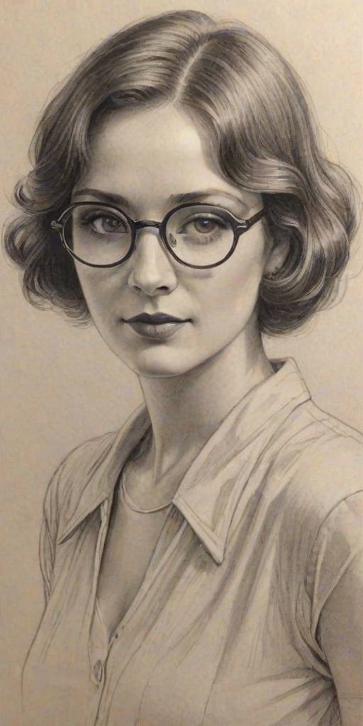 Delightful Cristina Ricci, pencil sketch, portrait of Ravishing woman 1926s in glasses, hair style beatnik, outline, clear lines, fine lines, 8k