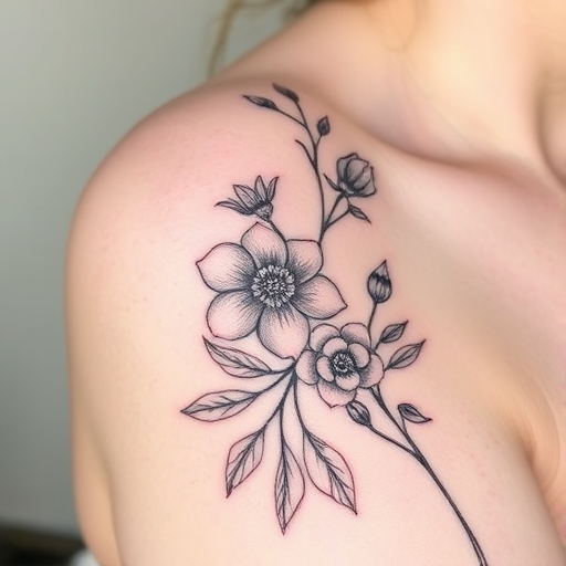 Fine line tattoo called "Delicate Botanicals" showcasing exquisitely detailed flowers and leaves with whisper-thin lines, creating a soft and feminine aesthetic