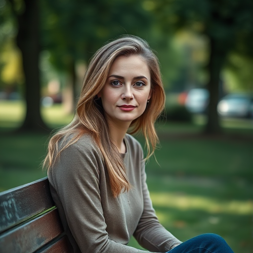 A portrait of a woman sitting on a bench in a park, soft natural lighting, shallow depth of field, aperture f/2.8, ISO 100, 85mm lens, captured with a DSLR camera, focus on her face.