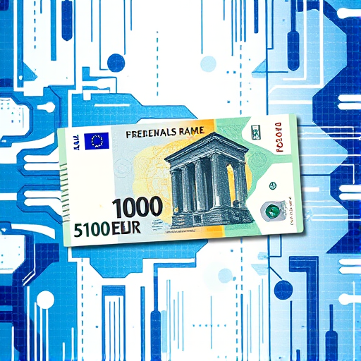 Generate a high-resolution image of a 100 euro banknote surrounded by a digital blue and white abstract design featuring binary code and geometric shapes, using a DSLR camera with 50mm lens, f/1.8 aperture, ISO 100, shot from a top-down view in natural light for enhanced depth and clarity.