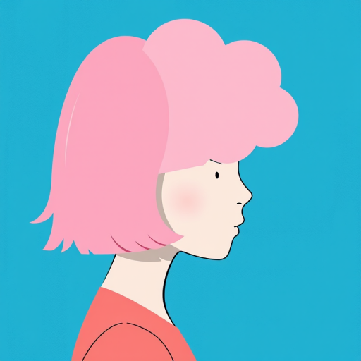 Create a vibrant, minimalist illustration of a faceless girl with short, pink hair and a thought cloud above her head, set against a textured blue background, captured with a Canon EOS R5 at f/8, ISO 100, 50mm lens, soft natural lighting from the left side to enhance colors and details.