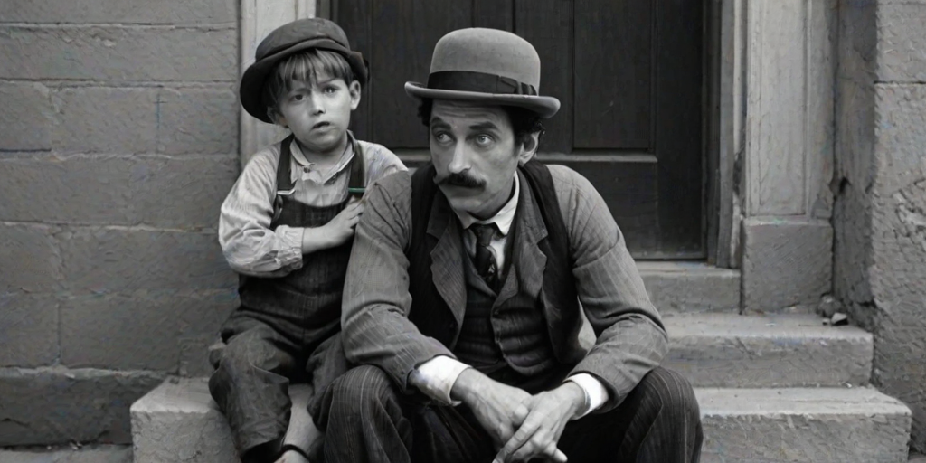 A black-and-white photograph of a man and a child sitting on steps in front of a doorway. The man is dressed as a tramp with a bowler hat, mustache, and ragged clothes, reminiscent of Charlie Chaplin's iconic look. He is sitting with his arms crossed and an expression of slight sadness or frustration. Next to him is a young boy, also in worn clothes and a cap, sitting with his hands clasped, looking thoughtful. The background is an old, textured wall and a partially open door, creating a vintage, early 20th-century atmosphere.