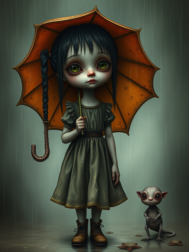 An eerie, weird little girl with dark hair in thin pigtails, wearing a smock dress, standing in the rain, holding a dirty orange umbrella, a small, odd creature beside her. In a surreal style inspired by Nicoletta Ceccoli and Brian Froud. Dark fantasy themes
